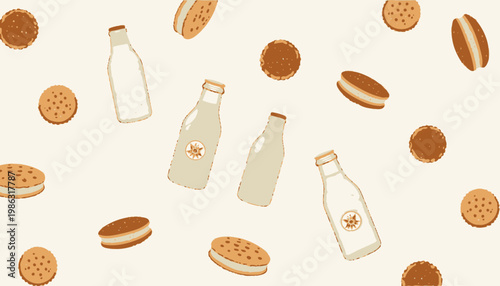 Illustration of Milk Bottles and Assorted Cookies Arranged in a Patterned Design on a Light Background