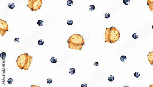 Seamless Pattern of Golden Muffins and Blueberries on a Clean White Background Illustrating Tasteful Bakery and Fresh Fruity Delights
