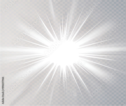 White Starburst Light Effect with Radiating Lines, Glowing Center Flash Burst, Abstract Energy Rays Overlay Isolated on Transparent Background, Modern Graphic Design Element