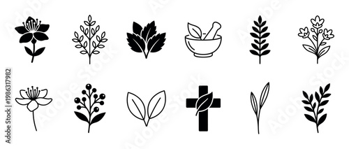 Versatile collection of black and white botanical icons, featuring plants, flowers, leaves, berries, a cross, and a mortar and pestle, presented in a clean, minimalist style