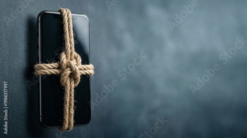 Smartphone tied with a thick jute rope knot on a dark background. Concept of digital addiction, social media slavery, data security, or digital detox. Minimalist 3D render with large copy space.