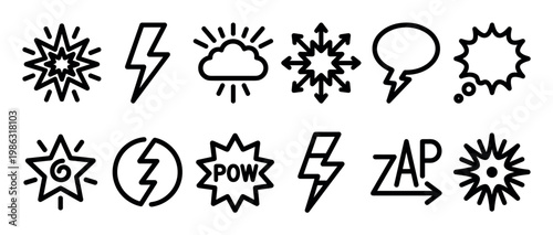 Various comic book style outline effect icons, including lightning bolts, explosions, speech bubbles, and weather symbols, presented as a modern vector graphic set