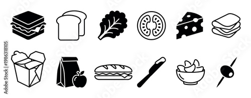 Set of black and white food icons representing lunch items like a sandwich, bread, cheese, lettuce, tomato, and takeout containers in a minimalist graphic vector style