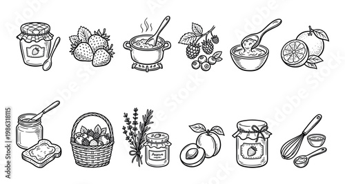 Various hand-drawn illustrations of homemade jam, fresh fruits, and cooking elements, depicting the process of making sweet preserves in a charming doodle style