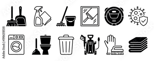 Comprehensive set of twelve black and white cleaning icons, featuring essential household tools and hygiene symbols in a modern,glyph style, perfect for illustrating domestic tasks and sanitation