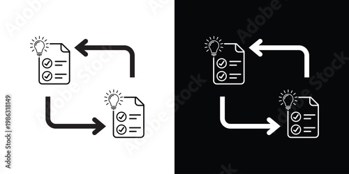 Clipboard checklist icons paired with lightbulbs and directional arrows. Illustrates a workflow for creative planning, idea implementation, task management, and project strategy development.