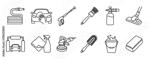 Comprehensive set of car wash and detailing line art icons illustrates various tools and processes for vehicle cleaning, presented in a clean, minimalist style