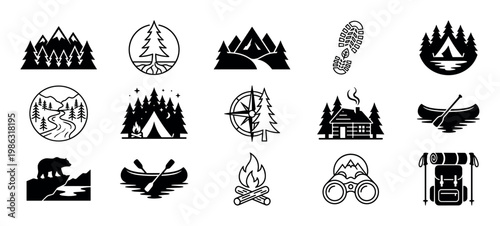 Diverse collection of black and white outdoor nature and camping icons, featuring mountains, trees, tents, campfires, canoes, and wildlife in a clean vector style