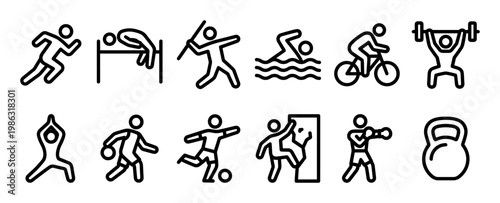 Twelve black outline sports and fitness icons illustrate a diverse range of athletic activities and exercises, presented in a clean, modern, and easily recognizable graphic style