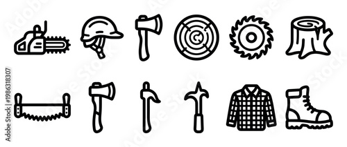 Lumberjack tool and equipment icon collection with a chainsaw, axe, helmet, saw blade, and boot in a minimalist black outline style for forestry and woodworking themes