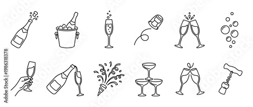 Set of black line art champagne icons for celebration includes a popping bottle, clinking glasses, a corkscrew, a party popper, and an ice bucket in a minimalist doodle style