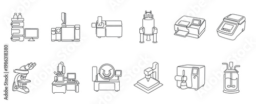 Twelve outline icons of advanced scientific laboratory equipment, featuring various instruments used in research, diagnostics, and industrial processes, rendered in a clean, minimalist line art style