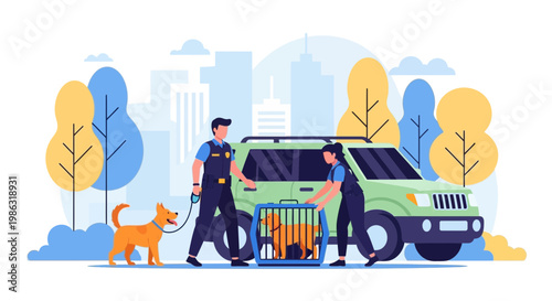 Animal Control Professionals Transporting a Dog in a Carrier and Walking Another Dog Safely