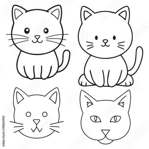 Four cute cat faces and bodies in simple outline style for kids coloring activities and icons.