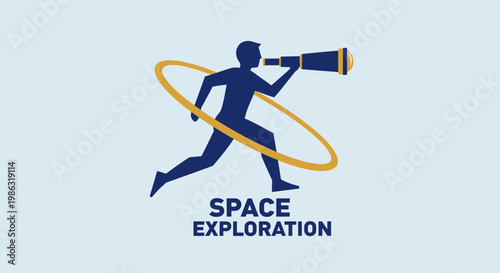 Astronaut Silhouette Exploring the Cosmos with Telescope and Golden Orbital Ring