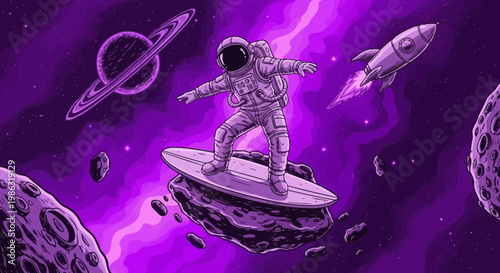Astronaut Surfs Cosmic Waves: A Purple Hued Space Voyage Beyond The Stars