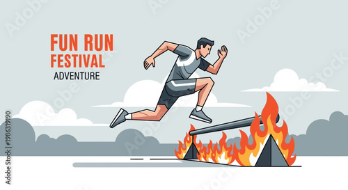 Athlete Jumping Fire Hurdle with Festival Inscription Adventure Sport Challenge