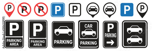 Car parking icon set car parking area and no parking signs, vehicle parking zone indicator and restriction symbols, traffic regulation and urban transport management