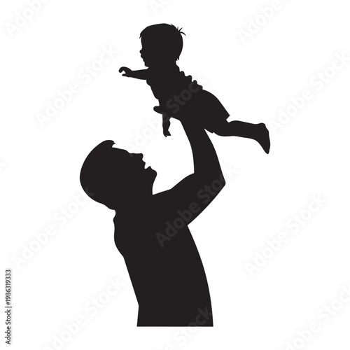 Father lifting baby high in air silhouette showing parental love and joy.