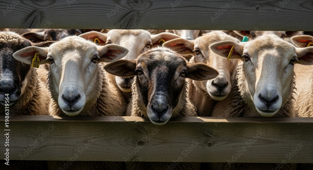Obraz premium Curious sheep with ear tags peering over a wooden fence on a farm