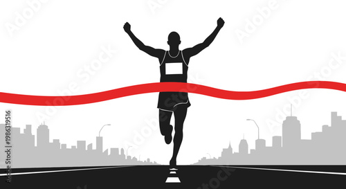 Athlete Reaches Victory, Crossing Red Ribbon in Athletic Competition Scene