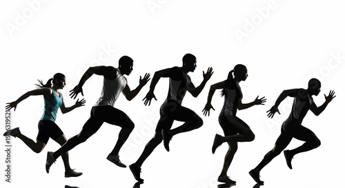 Athletes In Motion Silhouetted Against A Pure White Background, Displaying Speed And Determination