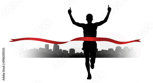 Athlete Reaching Finish Line Silhouette Celebrating Victory Over City Skyline Background