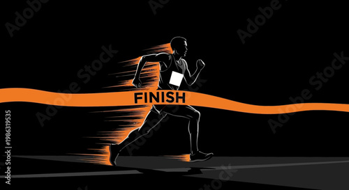 Athlete Reaching Finish Line Silhouetted Against Black Background With Flowing Ribbon