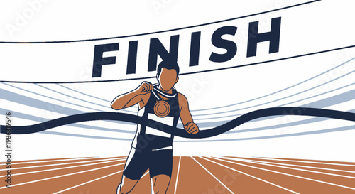 Athlete Reaching Finish Line, Victory Symbolized with Medal and Achievement
