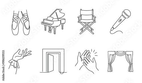 Eight minimalist line art icons representing performing arts, featuring ballet shoes, a grand piano, director's chair, microphone, elegant hand, stage door, clapping hands, and theater curtains