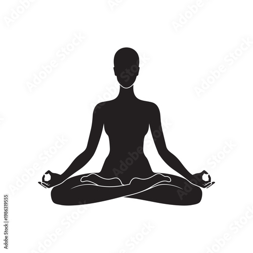 Silhouette of person meditating in lotus position with hands in mudra yoga pose.