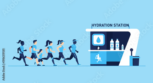 Athletes Race Towards Hydration Station For Refreshment Vector Illustration On Blue Background
