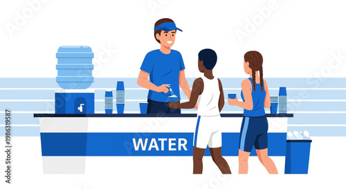 Athletes Rehydrating At a Water Station During an Intense Race or Sporting Event