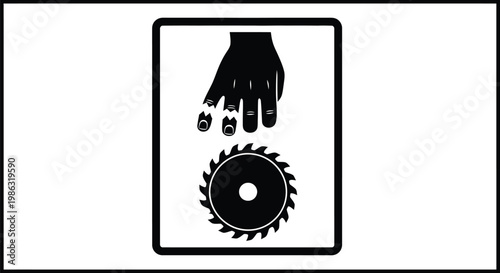 Danger graphic illustrating a hand with severed fingers above a sharp circular saw blade, emphasizing safety.
