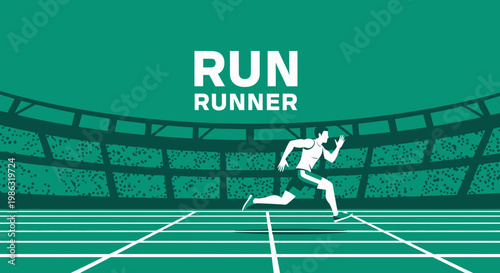 Athlete Sprinting On Track Depicted In Graphic Style With Stadium In The Background