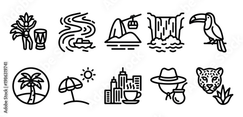 Diverse collection of black outline icons illustrating South American culture, travel, and nature, featuring carnival, mountains, waterfalls, toucans, beaches, cityscapes, coffee, and jaguars