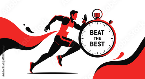 Athlete Sprinting Towards Excellence With Stopwatch Concept, Compete And Triumph Design
