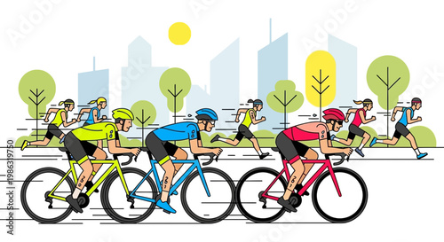 Athletic Competition Depicted With Cyclists and Runners in Urban Environment