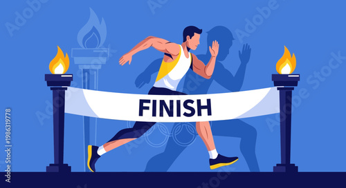 Athlete Sprinting Towards Finish Line With Olympic Torches in a Vibrant Illustration