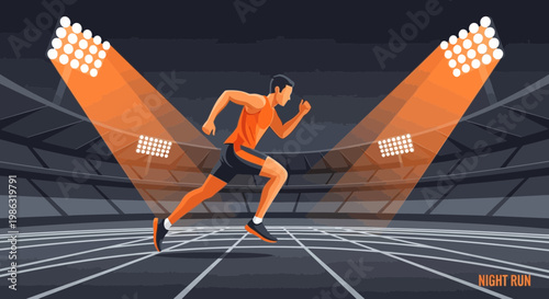 Athlete Sprinting Under Stadium Lights During Night, Dramatic Vector Illustration
