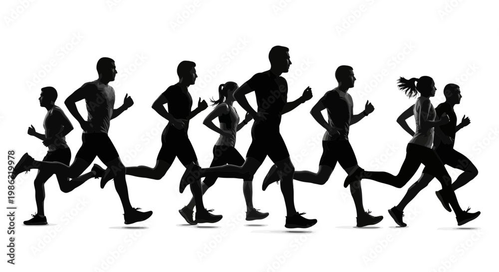 Fototapeta premium Athletic Group Run Silhouetted on White Background Reflecting Healthy Living