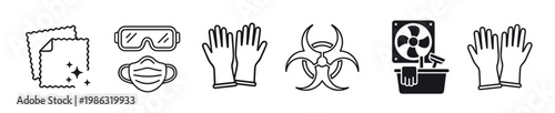 Collection of safety and cleaning icons features protective gear, biohazard symbol, and cleaning tools in a clear, illustrative black and white line art style
