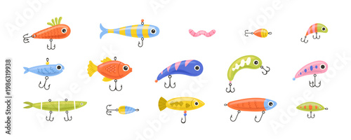 Colorful fish lure illustration set. Summer vacation travel concept. Fishing activity bait cartoon graphic collection.
