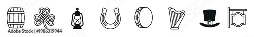 Collection of black and white Irish themed icons including a barrel, shamrock, lantern, horseshoe, tambourine, harp, leprechaun hat, and pub sign, presented in a clean, illustrative style