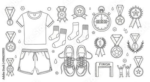 Athletic Gear And Elements Illustration Depicting Running, Fitness, And Sporting Achievements