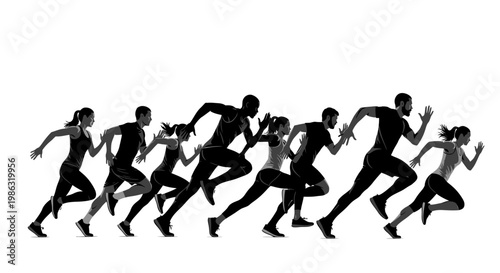 Athletic Group In Mid-Run Silhouette With Dynamic Poses Against White Background