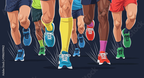 Athletic Group In Mid-Stride, Showcasing Race Dynamics And Energetic Group Movement