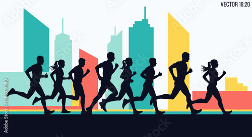 Athletic Group Sprinting Towards The City Skyline With Energetic Vigor and Force