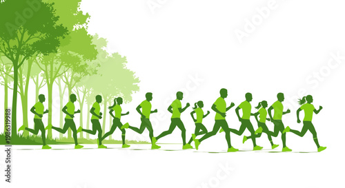 Athletic Group Running Through Lush Green Forest Scenery
