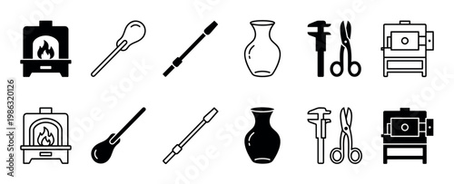 Collection of glassblowing and pottery icons, featuring furnaces, blowing pipes, vases, and tools in both solid and outline styles, presented as a clear graphic set